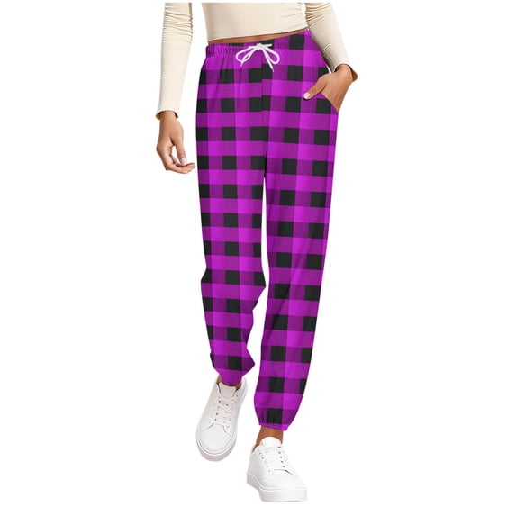 AHTJRT Women's Joggers Sweatpants Plaid Tapered Pants with Pockets Elastic Waist Drawstrings Fashion Workout Running Lounge Pants Purple XL