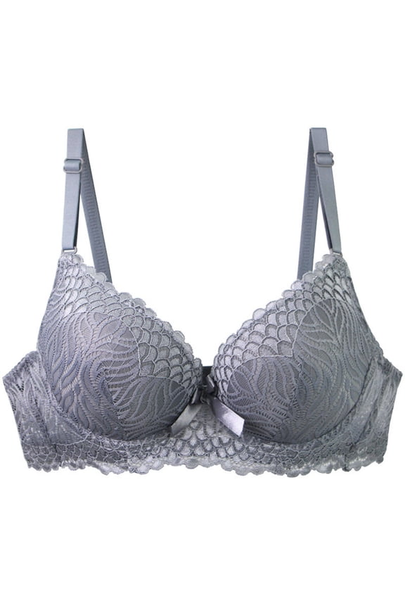 Women's Lace Push Up Bra 2 Cups Underwire Supportive Scalloped Lace Bralettes Comfy Full Coverage Padded Everyday Bra Gray 95C