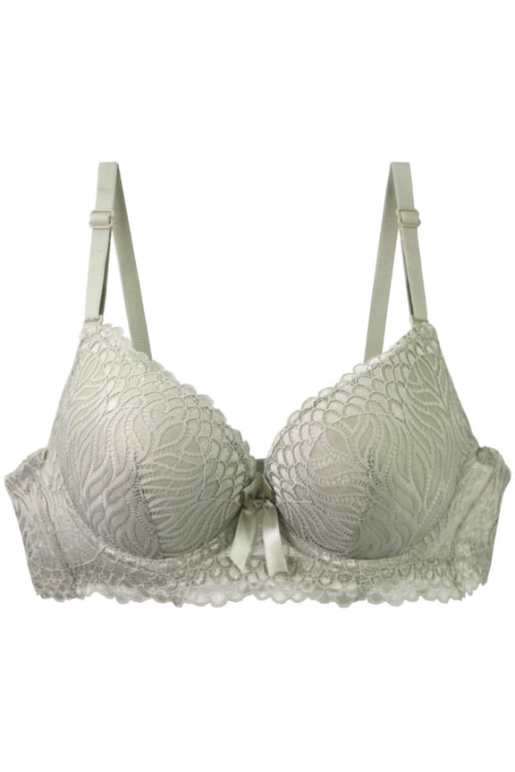 Women's Lace Push Up Bra 2 Cups Underwire Supportive Scalloped Lace Bralettes Comfy Full Coverage Padded Everyday Bra Green#01 85C