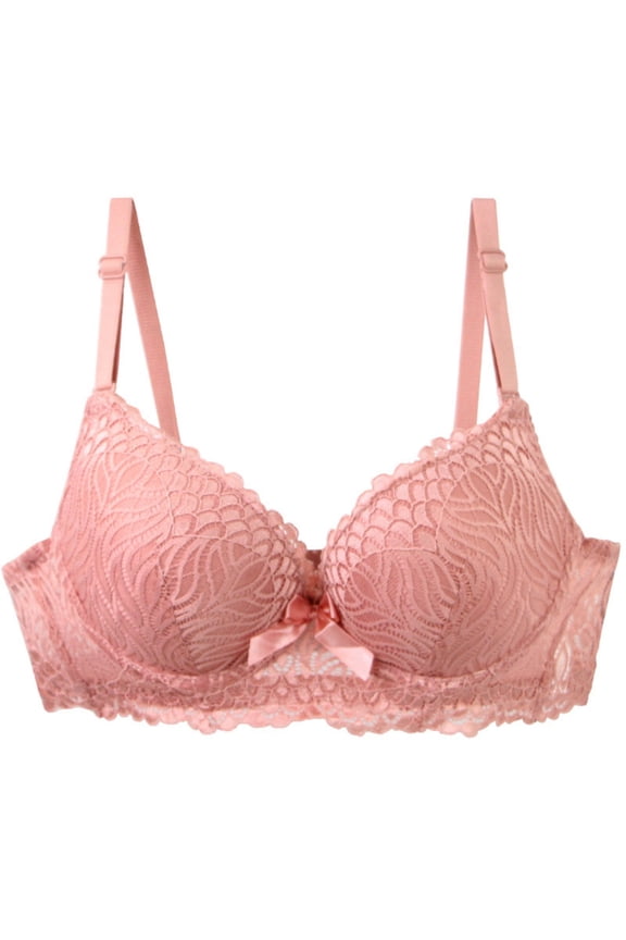 Women's Lace Push Up Bra 2 Cups Underwire Supportive Scalloped Lace Bralettes Comfy Full Coverage Padded Everyday Bra Pink 80C