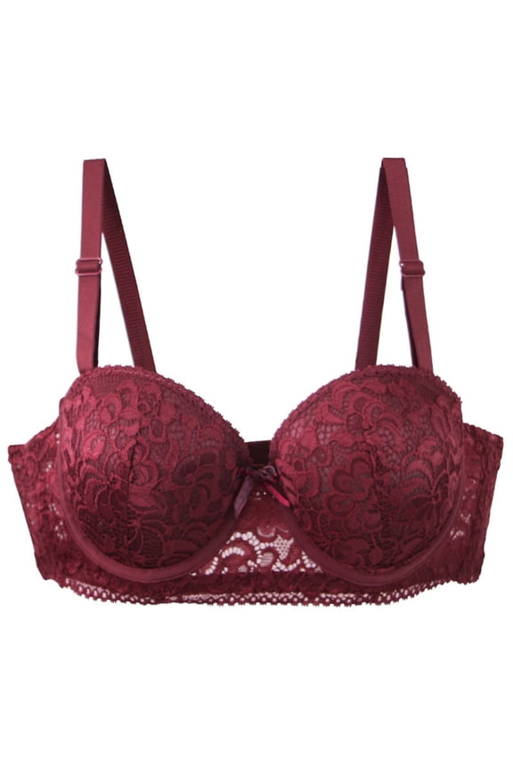 Women's Lace Push Up Bra 2 Cups Underwire Supportive Scalloped Lace Bralettes Comfy Full Coverage Padded Everyday Bra Wine 90B