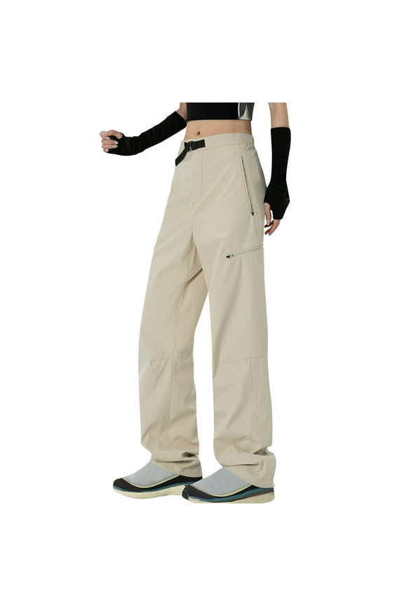 Women's Lightweight Cargo Pants High Rise Flat Front Trousers with Zipper Pockets Outdoor Waterproof Climbing Travel Clothes Khaki L