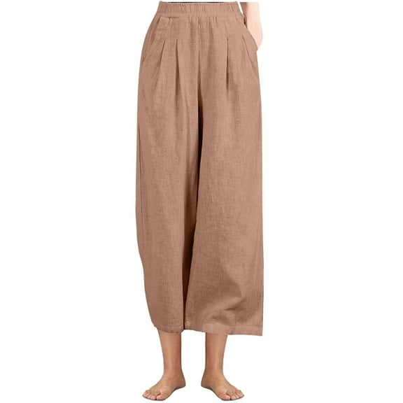 AHTJRT Women's Linen Pants Baggy Wide Leg Culottes Pants with Pockets High Elastic Waist Casual Palazzo Capris Trousers Khaki XXL