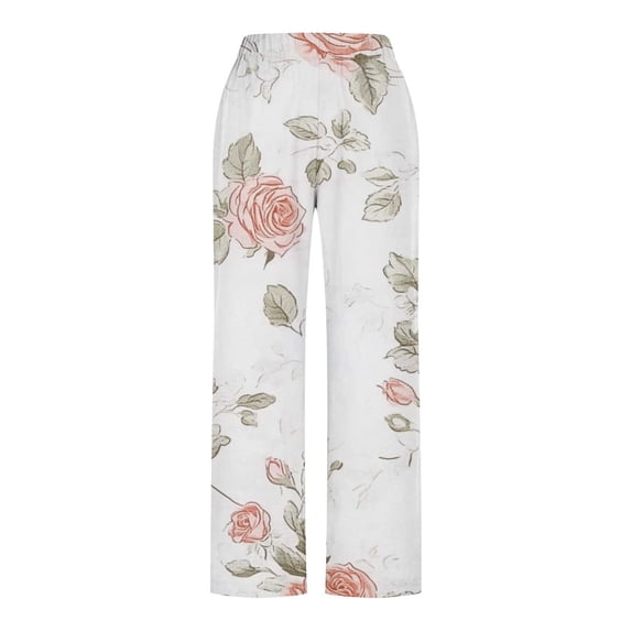 AHTJRT Women's Linen Pants Elegant Flowy Print Trousers with Pockets High Elastic Waist Side Split Slack Pants Fashion Fall Spring Bottoms Multicolor#03 M