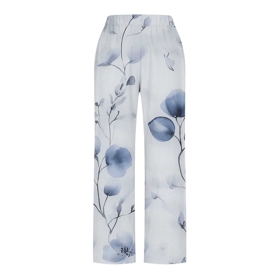 AHTJRT Women's Linen Pants Elegant Flowy Print Trousers with Pockets High Elastic Waist Side Split Slack Pants Fashion Fall Spring Bottoms Multicolor#04 L