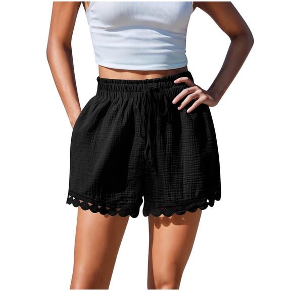 AHTJRT Women's Linen Shorts Casual Summer Loose Elastic Waist Drawstrings Shorts Lace Boho Swim Cover Up Shorts for Beach Vacation Black M