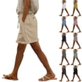 thumbnail image 1 of AHTJRT Women's Linen Shorts Plus Size Casaul Knee Length Folded Drawstring Elastic Waist Capri Pants with Pockets Beige XL, 1 of 9