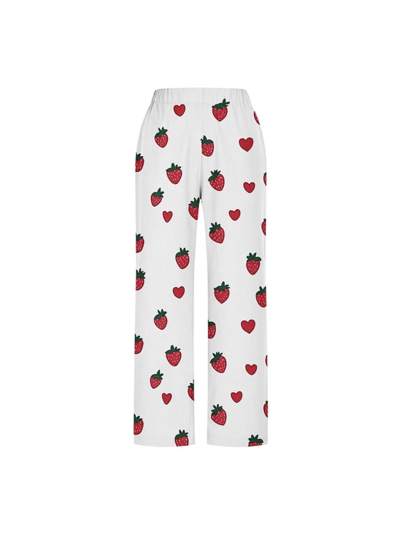 Women's Linen Trousers Wide Leg High Waisted Side Split Slacks Pants Fruit and Love Heart Patterns Printed Pants with Pockets Multicolor M