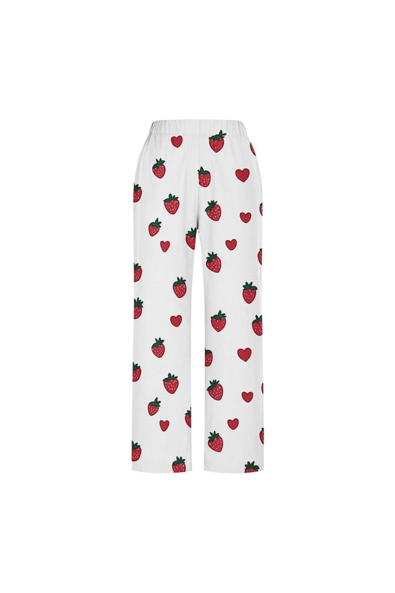 Women's Linen Trousers Wide Leg High Waisted Side Split Slacks Pants Fruit and Love Heart Patterns Printed Pants with Pockets Multicolor XL