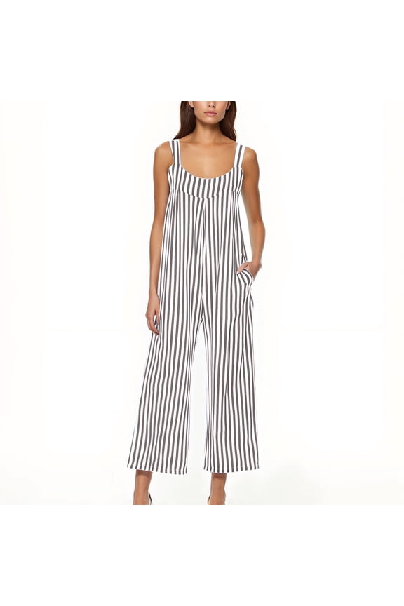 Women's Long Jumpsuit Fashion Striped Color Sleeveless Scopp Neck Rompers Baggy Wide Leg Ankle Length Overalls Gray XXL