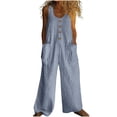 thumbnail image 1 of AHTJRT Women's Loose Fit Sleeveless Overalls Baggy Button Down Wide Leg Jumpsuits Striped Color Rompers Long Jumpsuit with 2 Front Pockets Navy L, 1 of 5