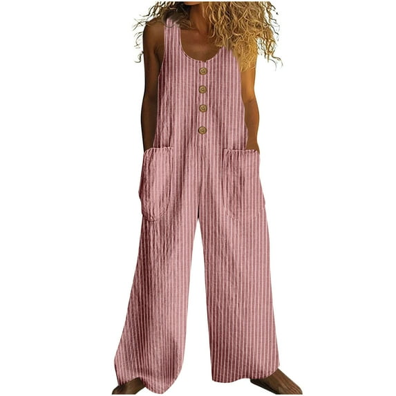 AHTJRT Women's Loose Fit Sleeveless Overalls Baggy Button Down Wide Leg Jumpsuits Striped Color Rompers Long Jumpsuit with 2 Front Pockets Pink M