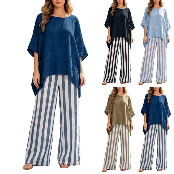 AHTJRT Women's Lounge 2 Piece Outfits Loose Fit Tunic Tops and Flowy Striped Wide Leg Pants Set Summer Beach Vacation Everday Wear Outfits Light Blue L