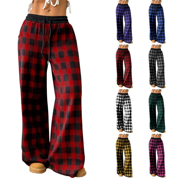 AHTJRT Women's Lounge Pants Plus Size Checkered Elastic Waist Drawstrings Trousers with Pockets Baggy Wide Leg Casual Pants Red XXXXL
