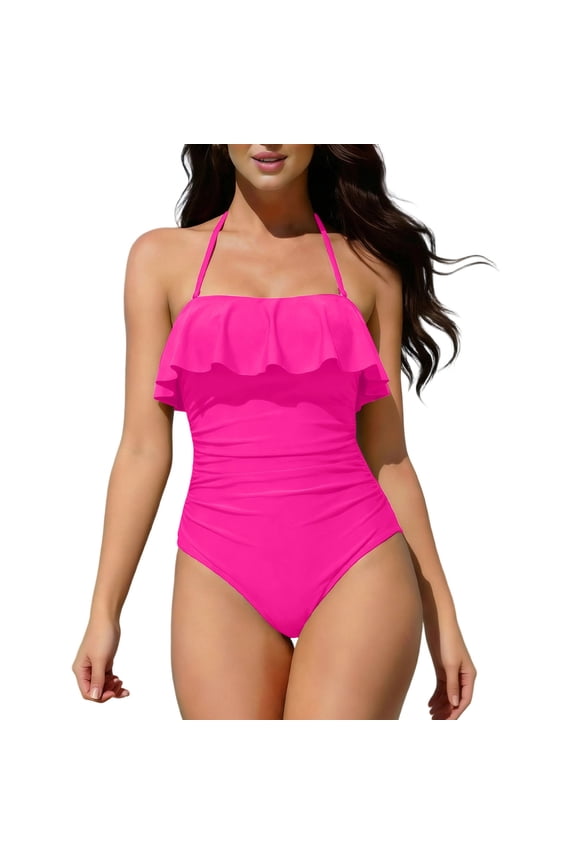 Women's Monokini Flounce Halter Slimming High Waisted One Piece Bathing Suits Backless Bodycon Bikinis with Adjustable Spaghetti Straps Hot Pink M
