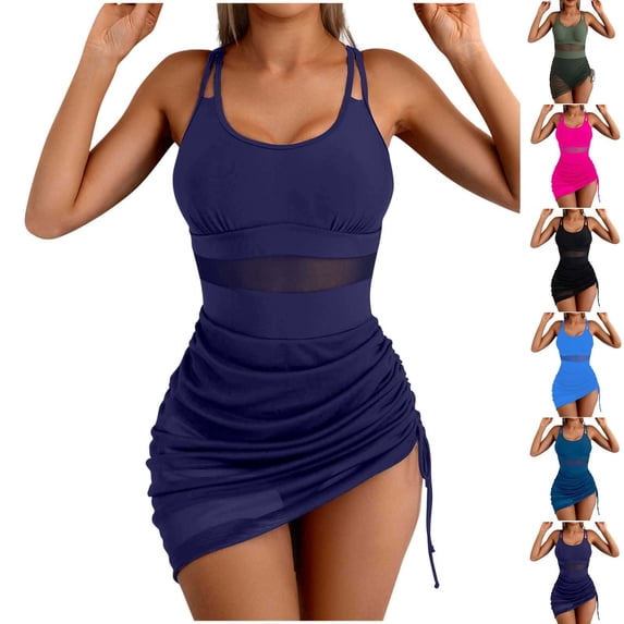 AHTJRT Women's One Piece Swim Dress Scoop Neck Adjustable Straps Swimsuit Slimming Sheer Tummy Control Skirt Padded Wireless Bathing Suit Hot Pink L