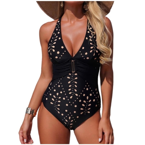 AHTJRT Women's One Piece Swim Suit Slimming High Waist Tummy Control Halter Bathing Suit Petal Hollow V Neck Swim Suits Beachwear Jumpsuit with Detachable Pad Black S