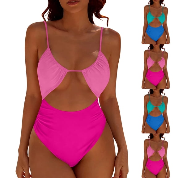 AHTJRT Women's One Piece Swimsuit High Cut Tummy Control Bathing Suit Spaghetti Strap Bikini Jumpsuit Cheeky Beachwear Swimming Sets Pink XL