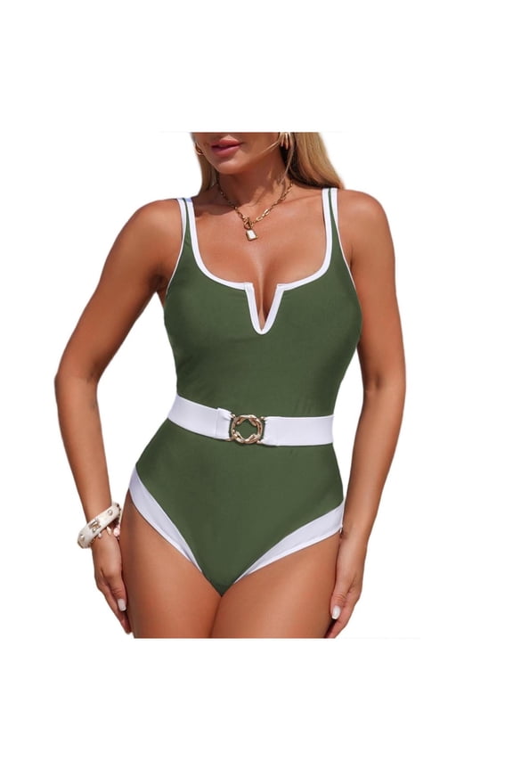 Women's One-Piece Swimsuit Plunging Cheeky Underwire Bikinis High Cut Thong Belted Bathing Suits for Beach Vacation Pool Party Green S