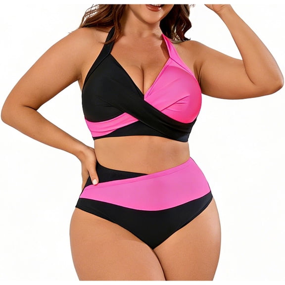 AHTJRT Women's One Piece Swimsuit Plus Size Padded Ruffle Twist Front Cutout Bathing Suit Deep V Neck Halter Wireless Colorblock Swimwear Hot Pink XXXL
