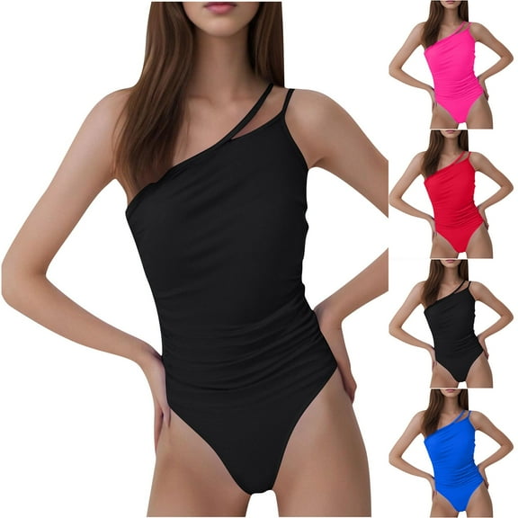 AHTJRT Women's One Shoulder Swimsuit One Piece Multiplr Straps Bathing Suit Slimming Cut out Sleevless Bodysuit Swimdress Black M