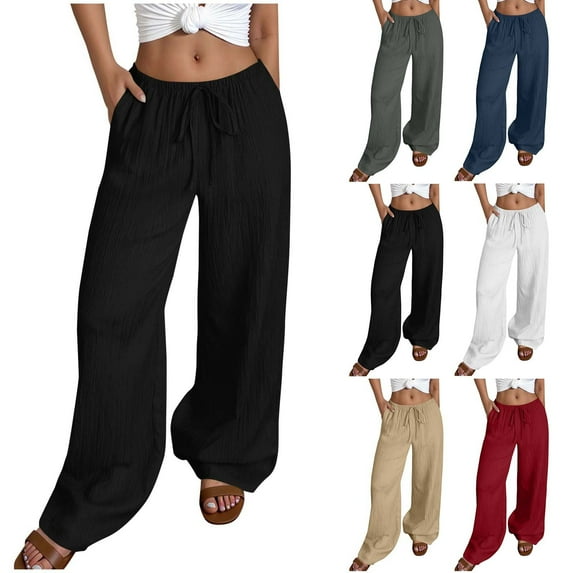 AHTJRT Women's Palazzo Pants Drawstrings Elastic Waist Wide Leg ...