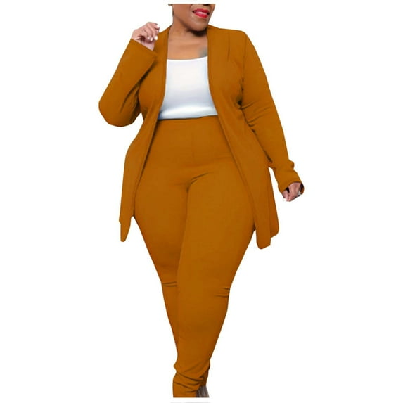 AHTJRT Women's Plus Size 2 Piece Outfits Pantsuits Open Front Blazer and High Waisted Long Trousers Suit Set Business Loungewear Brown XL