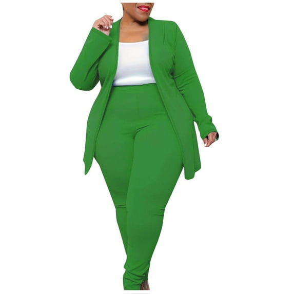AHTJRT Women's Plus Size 2 Piece Outfits Pantsuits Open Front Blazer and High Waisted Long Trousers Suit Set Business Loungewear Green XXL
