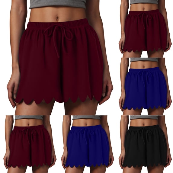 AHTJRT Women's Plus Size Shorts Scallop Trim Flowy Elastic Drawstring Waist Wide Leg Summer Shorts for Lounge Travel Vacation Dark Blue XXL
