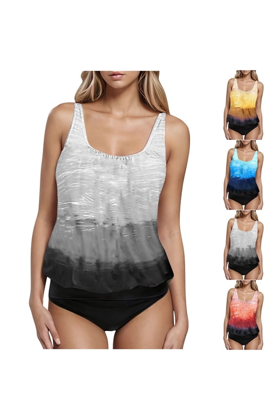 Women's Plus Size Tankini Tops Square Neck Sleeveless Bikini Tops Sporty Gradient Color Summer Surfing Swimming Athletic Tops Yellow XXXL