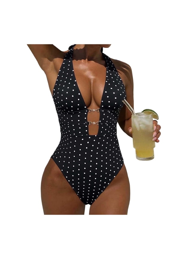 Women's Polka Dots Halter One Piece Swimsuit Chain Linked Cut out Deep V Neck Bathing Suits Cheeky Beachwear Monokini Black S