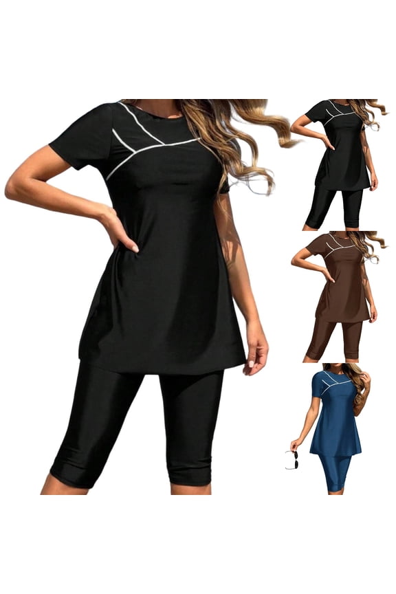 Women's Rash Guard Swimsuits UV Sun Protection Bathing Suits Short Sleeve Crewneck Long-Length Swim Shirts and Capris Swimwaer Blue XL