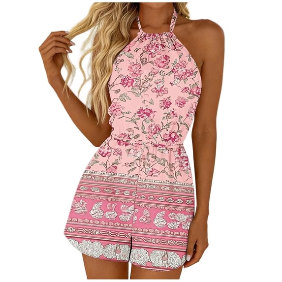 AHTJRT Women's Rompers Casual Halter Neck Smocked Waist Sleeveless Jumpsuits Fashion Elegant Allover Print Summer Shortalls Black#08 XL