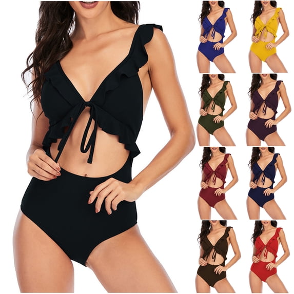 AHTJRT Women's Ruffle Cut Out One Piece Swimsuits Strappy Adjustable Tie Front Monokinis Swimwear V Neck Bathing Suits Green M