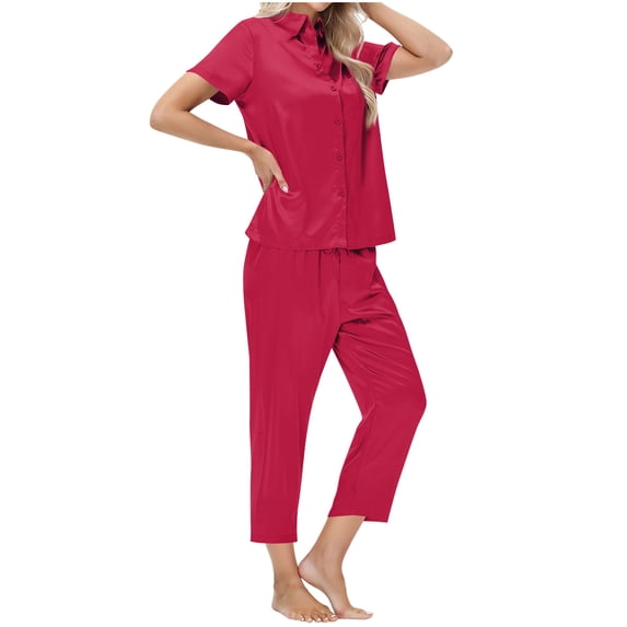 AHTJRT Women's Satin Silky Pajama Set Short Sleeve Lapel Button Down Shirts Wide Leg Trousers Outfit Comfy Nightwear Lounge Sets Wine S