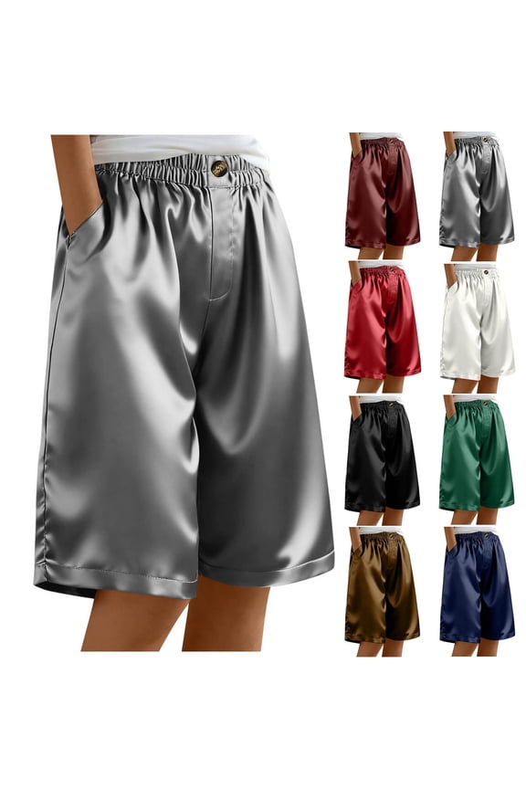 Women's Satin Silky Shorts Dressy Casual Party Wedding Club Shorts with Pockets Front Button Elastic Waist Capri Pants Navy XXL