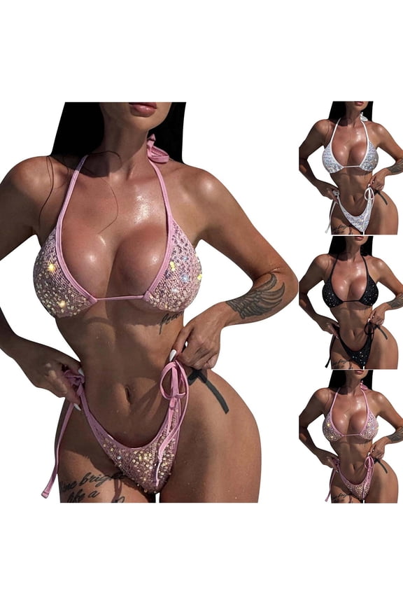 Women's Sequin Bathing Suits Cheeky Brazilian G-String Triangle Thong Bikini Sets Glitter Rhinestone Sparkly Swimsuits Pink S