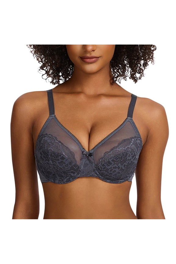 Women's Sheer Lace Bra Racerback Adjustable Straps Bralettes Support Push-Up Full Coverage Bras Breathable Everyday Lingerie Gray 40/90C