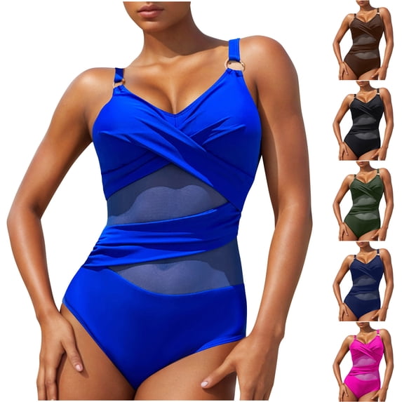AHTJRT Women's Sheer Mesh One Piece Swimsuits Tummy Control V Neck Racerbacks Bathing Suit Cheeky Push Up Swim Suit Slimming Swimwear Green M