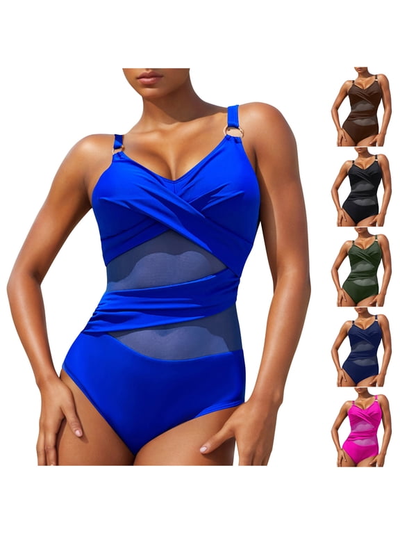 Women's Sheer Mesh One Piece Swimsuits Tummy Control V Neck Racerbacks Bathing Suit Cheeky Push Up Swim Suit Slimming Swimwear Green S