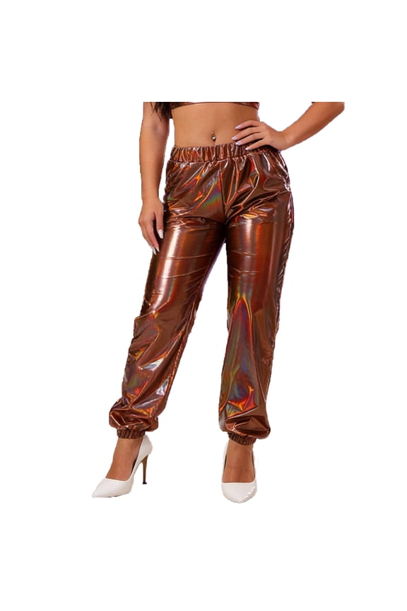 Women's Shiny Metallic Pants High Waist Stretchy Joggers Wet Look Hip Hop Clubwear Dancing Disco Holographic Trousers Coffee XS