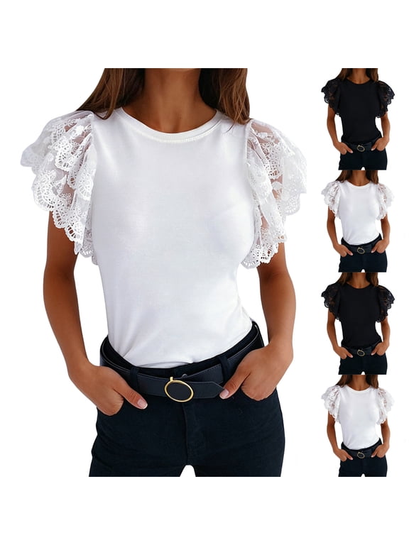 Women's Shirt Dressy Casual Lace Hollow Out Flutter Sleeve Summer Basic Tee Tops Elegant Fashion 2026 Crewneck T Shirts Black M