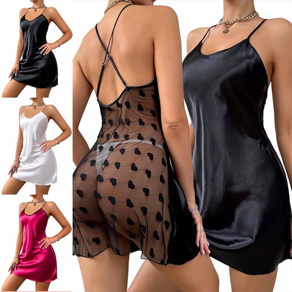 AHTJRT Women's Silk Satin Nightgowns Crisscross Adjustable Strap Backless Sheer See Through Sleep Dress Chemise Cami Night Dress White S