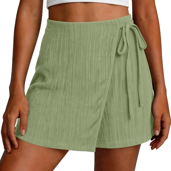 AHTJRT Women's Skorts High Waist Tie Side Mini Wrap Skirts A-Line Skirts with Built-In Shorts Dark Green L