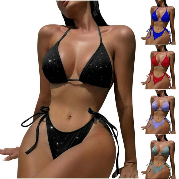 AHTJRT Women's Sparkle Bikini Sets Glitter Halter Triangle Tie Side Micro Mini Bralettes Thong Swimsuit Cheeky Two Pieces Bathing Suit for Summer Vacation Mint Green M