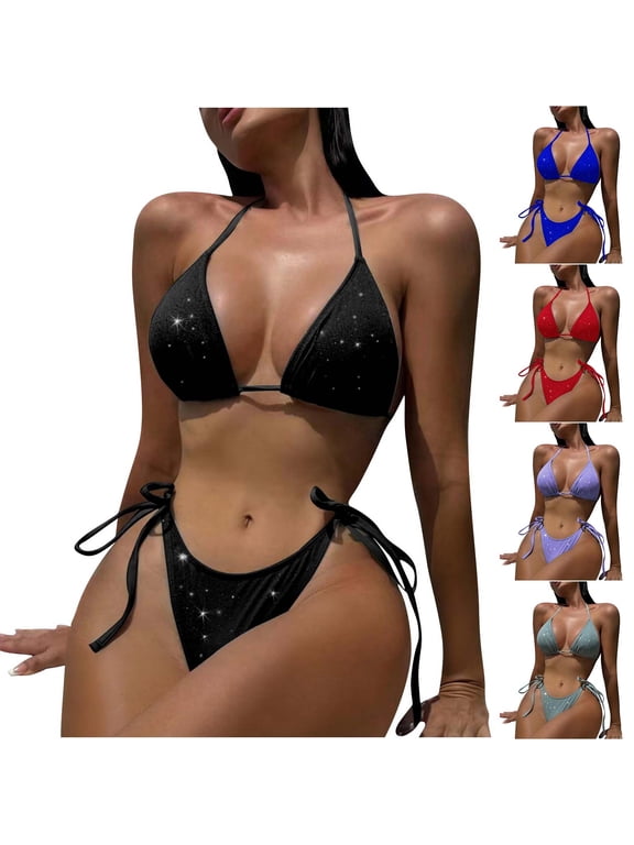 Women's Sparkle Bikini Sets Glitter Halter Triangle Tie Side Micro Mini Bralettes Thong Swimsuit Cheeky Two Pieces Bathing Suit for Summer Vacation Red L