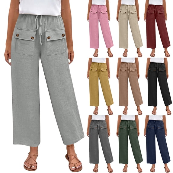 AHTJRT Women's Straigh Leg Pants Front Pockets Elastic Waist Drawstrings Trousers Cotton Linen Ankle Length Slacks Pants Yellow S