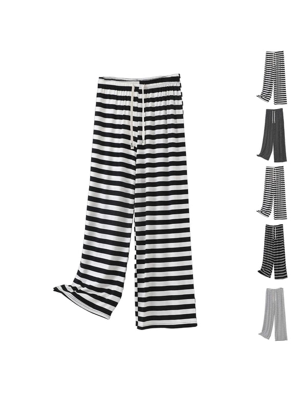 Women's Striped Wide Leg Pants Plus Size Baggy Casual Slacks Comfy Soft Elastic Waist Drawstrings Loungewear Pants White S