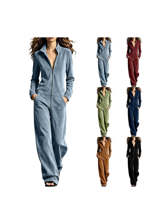 Women's Suede Jumpsuits Long Sleeve Wide Leg Zip Front Stand Collar Rompers Lightweight Comfy Fall Spring Workout One Piece Outfits Green S