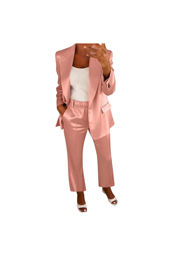 Women's Suits 2 Piece Set Business Blazer Jackets and Elastic Waist Straight Leg Dress Pantsuits Formal Work Office Outfits Rose Gold XL